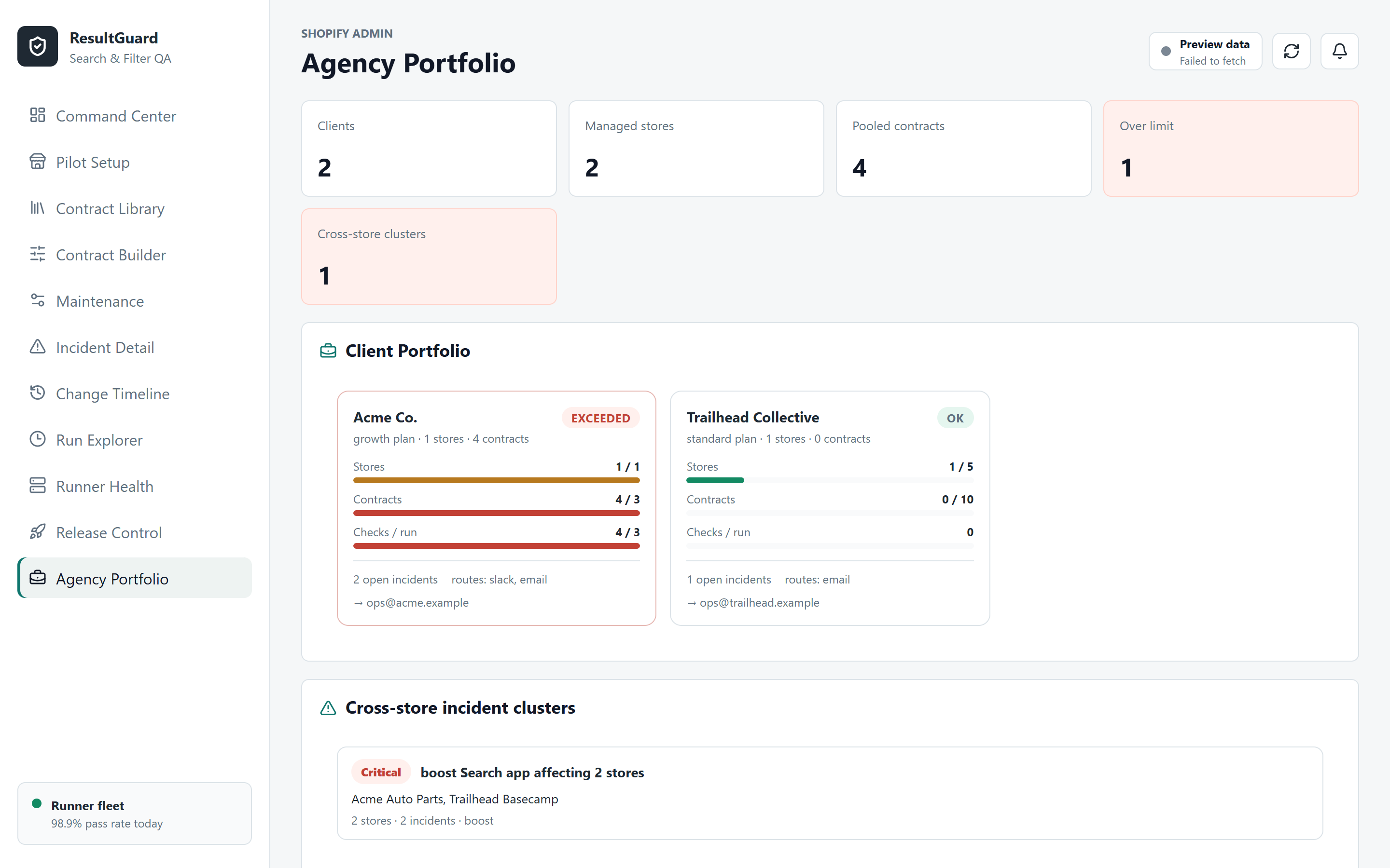 Result Guard Agency Portfolio: client cards with pooled-usage bars and a cross-store incident cluster
