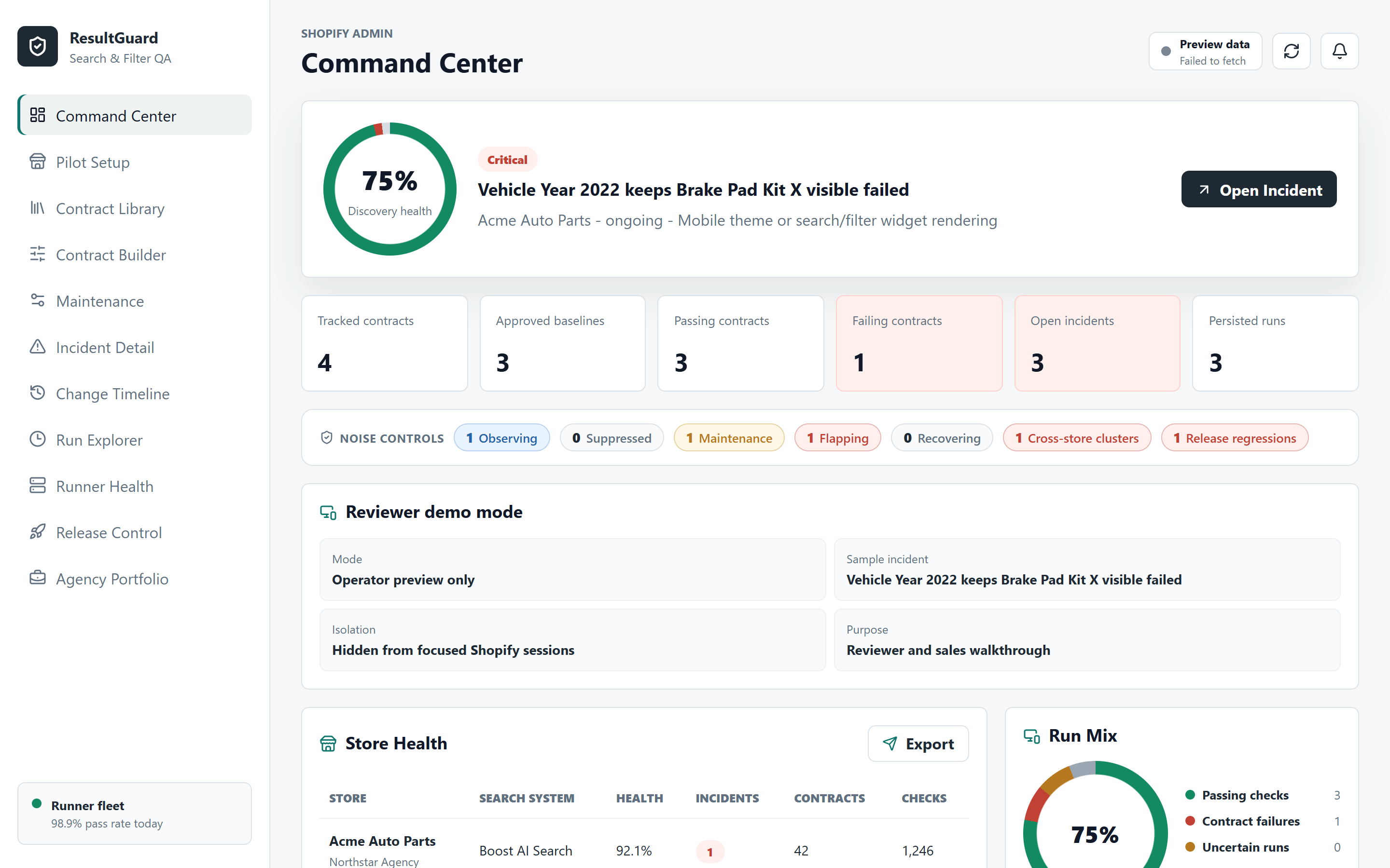 Result Guard Command Center with discovery health score, incident priority, metric cards, and monitoring controls