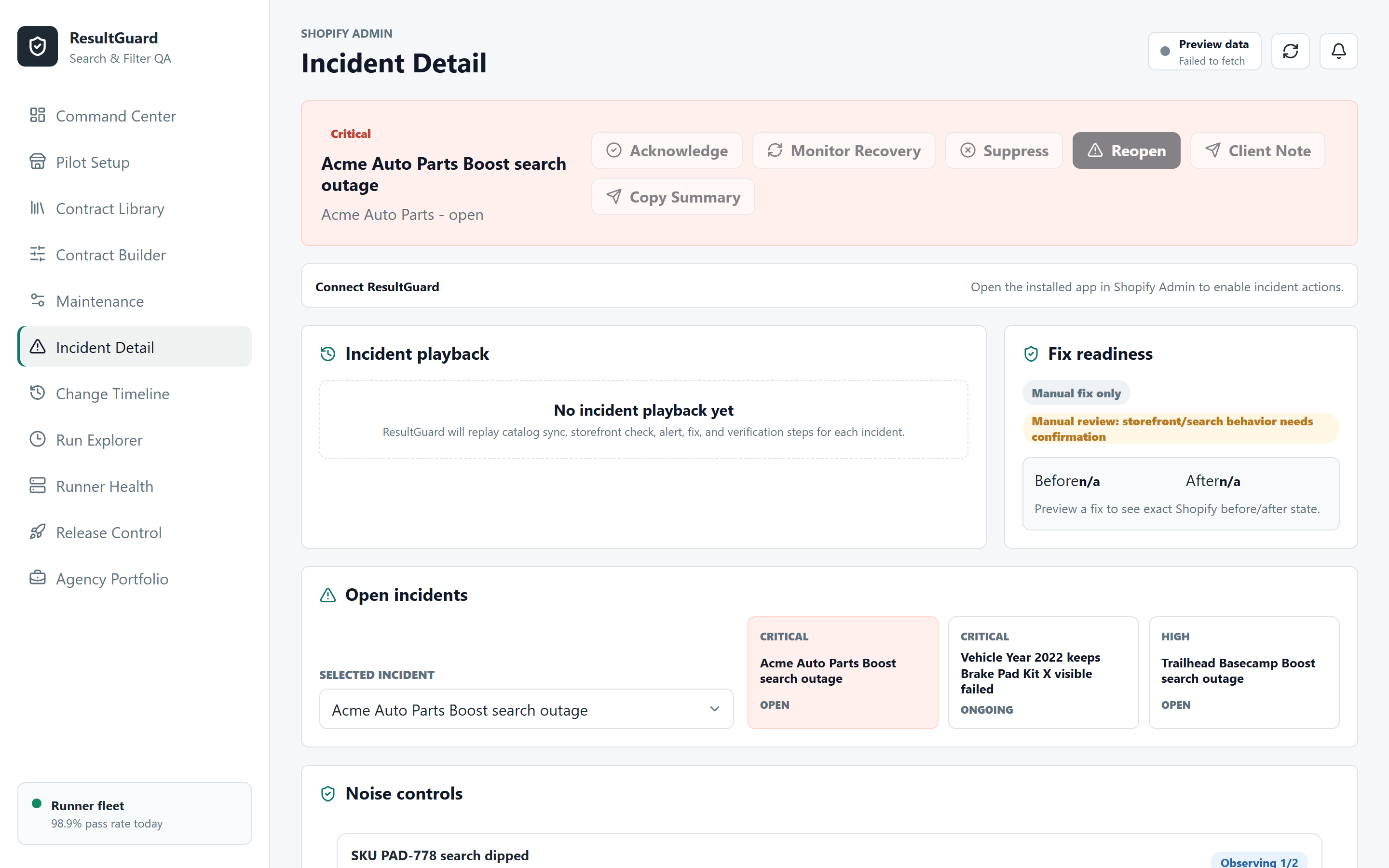 Result Guard Incident Detail showing the incident lifecycle, confirmation progress, and correlated change evidence