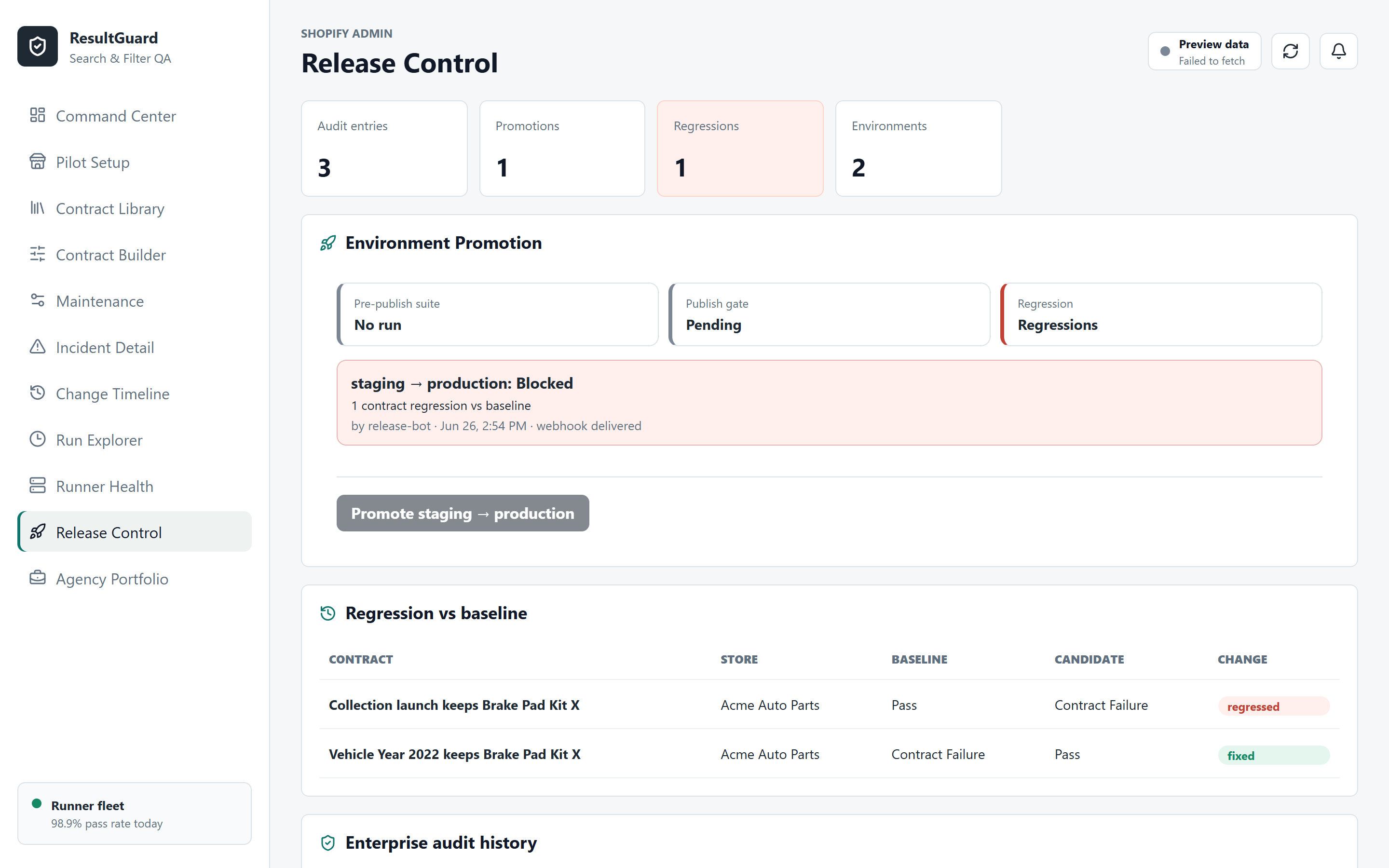 Result Guard Release Control: promotion gates, a regression diff, and a hash-chained audit history