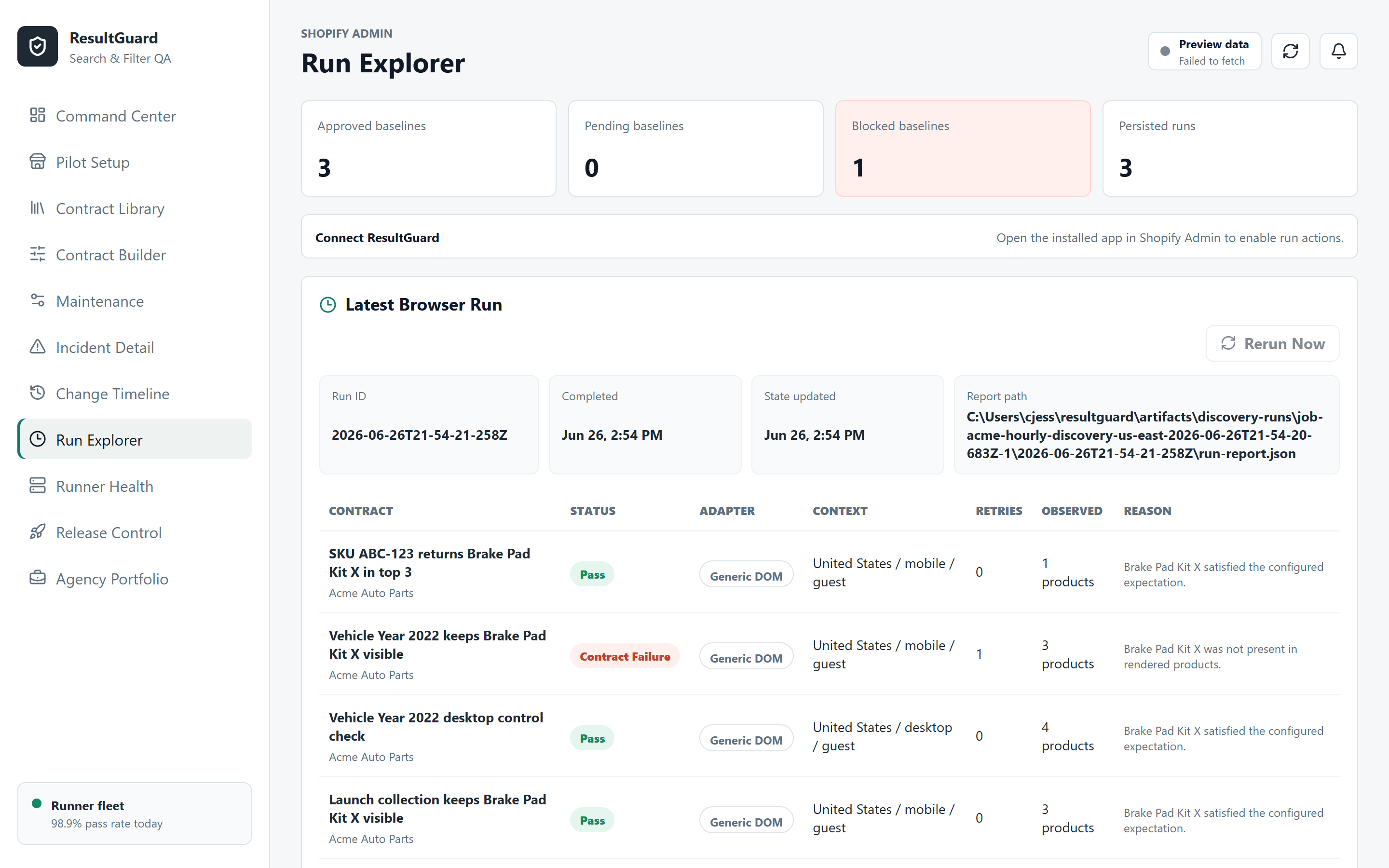 Result Guard Run Explorer: rule runs with pass/fail status, adapter, device and market context, and per-check reasons