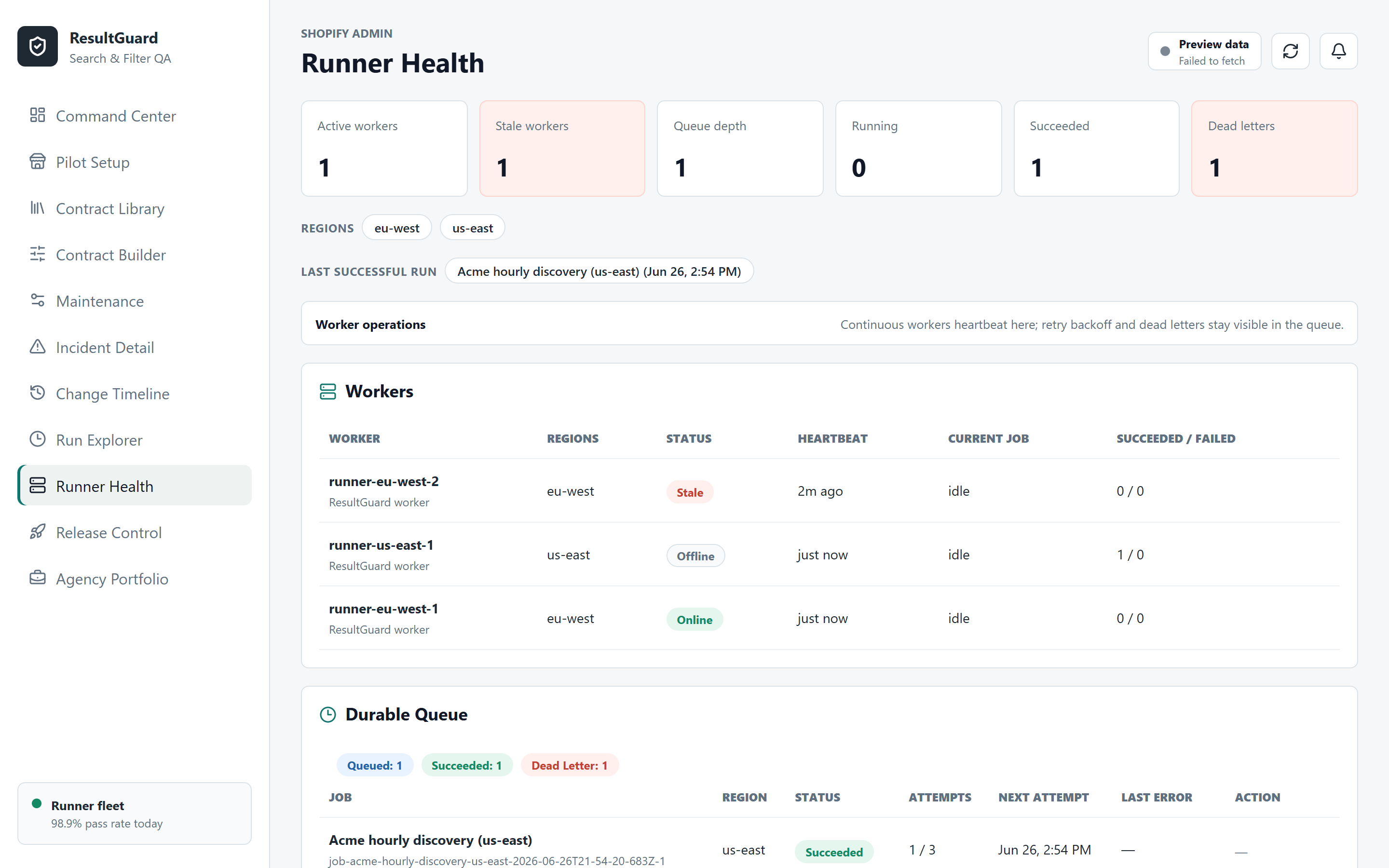 Result Guard Runner Health: worker fleet status, queue depth, regions, recent jobs, and dead letters